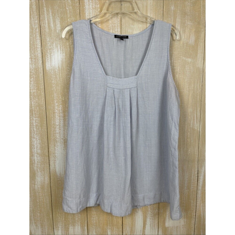 Eileen Fisher XL Sleeveless Linen Tank Top Blouse Baby Blue Pleats Square Neck